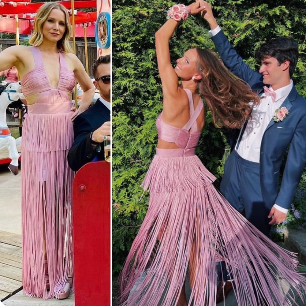 Herve Leger Fringe Cutout Maxi Gown Bandage Dusty Light Pink Dress Size Small